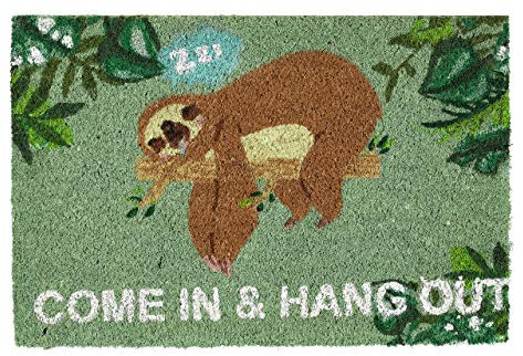 Relaxdays Fußmatte Kokos Come In & Hang Out, Faultier-Motiv, Türmatte außen & innen, Kokosmatte 60x40 cm, grün/braun