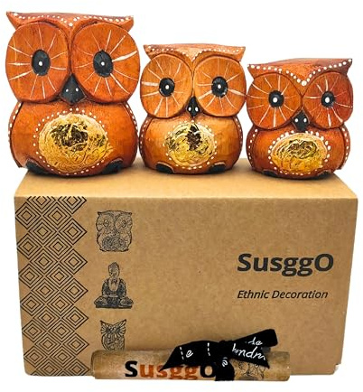 SusggO Set 3 Buhos de Madera Tallados a Mano Figuras Decorativas Artesanales Home Decoration Decoracion Buho de la Suerte Decoracion Habitacion Decoracion Hogar (Marron Detalles Dorados)