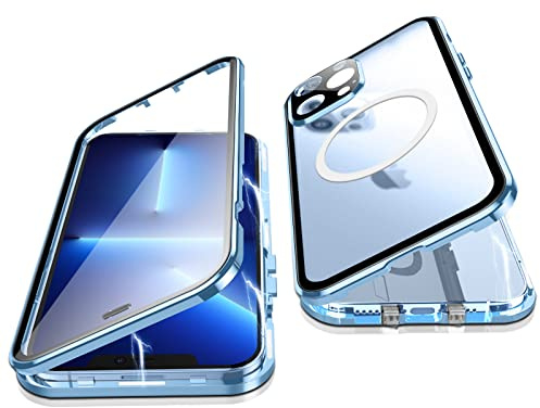 Jonwelsy Hülle für iPhone 13 Pro Max, 360 Grad Beidseitig Schutz Kompatibel mit Magsafe Magnetische Adsorption Metallrahmen Case Vorne Glas Hinten Frosted PC Cover Handyhülle für 13 Pro Max (Blau)