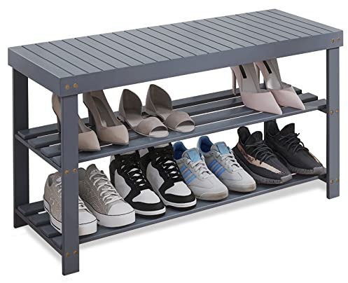 SMIBUY Banco de Zapatero de bambú, Estante de Almacenamiento Organizador de Zapatos de 3 Niveles para Entrada, Pasillo, baño, Sala de Estar (Gris)