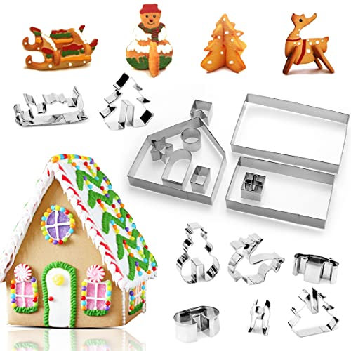 3D Casa Galleta De Jengibre, Casa de Pan de Jengibre Navideña, Cortadores Galletas casa de Pan de Jengibre, Acero Inoxidable Molde para Galletas Navideñas, Para decoración de pasteles 18 Piezas