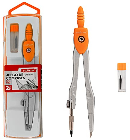SET COMPÁS STARPLAST - 4 colori, include 1 tubo con mina, scatola protettiva, per ufficio o uso scolastico - arancione