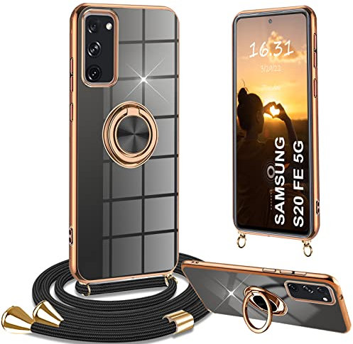 Yutwo Handykette Samsung S20 FE 2022 Hülle mit Band, Handyhülle für Samsung S20 FE 4G/5G 360° Halter Ständer Ring Silikon Stoßfeste Schutzhülle, Schwarz