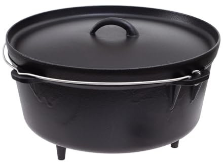 Dutch Oven aus Gusseisen 10,7 Liter - ohne Füße - inkl. Deckelheber und Topfständer - Feuertopf, Raketenofen, Schmortopf, Gulaschkessel