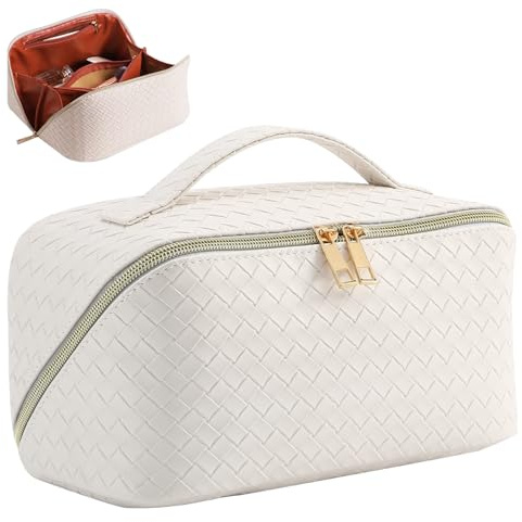 Kosmetiktasche Reise Damen,Make Up Tasche mit Groß Kapazität,PU Leder Portable Schminktasche Kulturtasche Organizer,Beauty Case für Reisezubehör Travel Essentials Women(Gewebt-Weiß1)