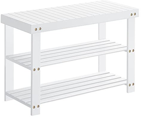 SONGMICS LBS004W01 Banco de estantería de Zapatos, de bambú de Tres Capas, aforo 286 Libras, 11,3 x 27,6 x 17,8 Pulgadas, Adecuado para Dormitorio, baño o Entrada, Blanco