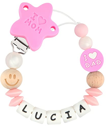 Kowlone Schnullerkette mit Namen Jungen mädchen Personalisiert Schnullerketten Ich liebe Mom Dad Schnuller Clips Halter für Baby Neugeboren(Rosa)