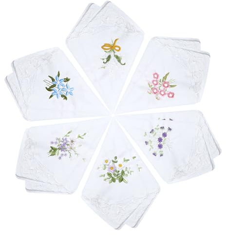 EUPSIIU 12 Stücke Damen Stoff Taschentücher, Baumwolle Blume Stofftaschentücher, Pocket Handkerchief Stickereien und Spitze Schmetterling Kante, Mode Bandana, für Alltagsgebrauch (Zufällige Farbe)
