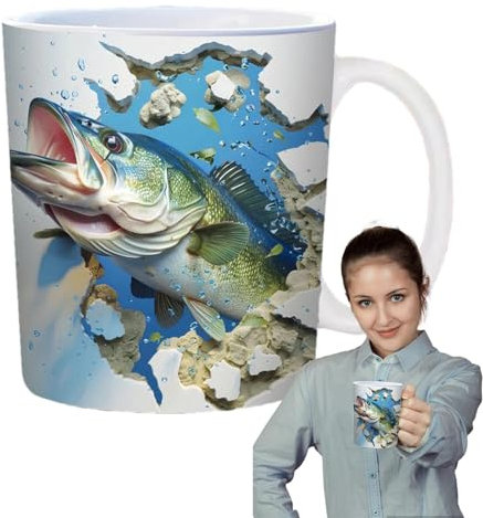 Aznever Fishing Coffee Mug - Large Ceramic Fishing Tea Mug - Reusable Ceramic Funny Fishing Mug Tea Cup for Whiskey, Juice, Beer, Water