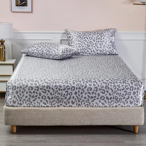 Luofanfei Spannbettlaken 180x200cm Boxspringbett Satin Blau Hellblau Leopardenmuster Sommer Bettlaken Glänzend Seide Muster Spannbetttuch Kühlende Leintuch für Hohe Matratze bis 25-30 cm