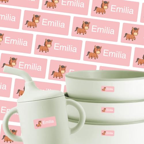 Namensschilder für Brotdose, Trinkflasche & Mehr (125 Aufkleber) – Spülmaschinenfeste Namensetiketten mit Pferd Motiv – Personalisierte Sticker mit Motiv – Waschfest – 30 x 13 mm