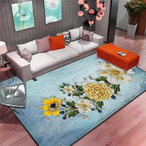 ROSURUG Auslegware Teppichboden Teppiche Groß Für Wohnzimmer Hochflor Teppich Blumendruck Design Wohnzimmer Teppich für Esszimmer waschbar Teppich Orientalisch(blau 120X180cm)