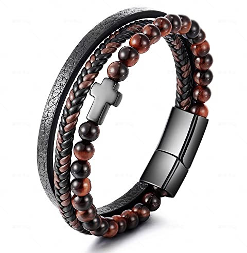 Vulkanstein beruhigende Angst Armband, beruhigende Angst Armband, Multi-Layer Leder geflochtene Perlen Armband, Angst geflochtene Armband für Männer Frauen (E)