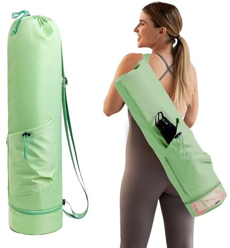 Vueinrg Funda Esterilla Yoga con Compartimento Húmedo, Bolsa Esterilla Oxford Impermeable con Bolsillo Lateral y Cordón (+ 1 Par Calcetines de Yoga)