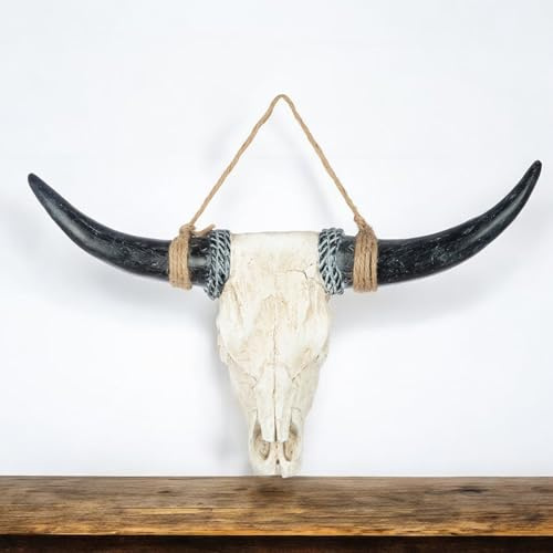 Casablanca Geweih Deko Büffel Kopf – Stierkopf Wanddeko Tierschädel Deko aus Poly Schwarz Weiß - Schädel Deko zum Aufhängen - Breite 80 cm Höhe 56 cm