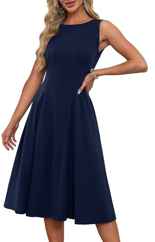 Damen Elegante A-Linie Slim Fit Cocktailkleid 1950er Vintage Retro Midi Kleider Ärmelloses Rockabilly Kleider mit Taschen Dunkelblau M