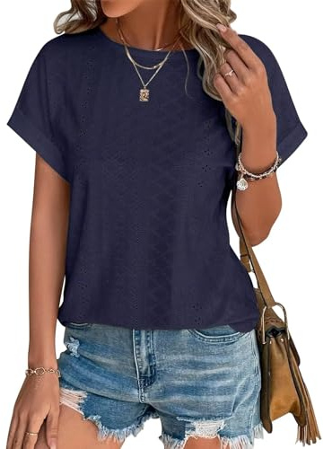 Cuptacc T Shirt Femme Chemisier Femme Chic Et Élégant Broderie Aux Oeillets Col Rond Manches Courtes Tunique Mode