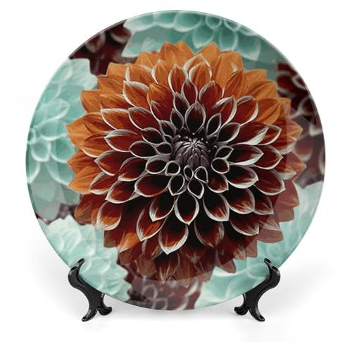 DWTJKMS Dahlia Flower Bone China Decorative Plate 10inch Printed Pattern Ceramic Plate Ceramic Plates with Display Stand Dinner Plates Art Crafts Ornaments for Wall Hanging