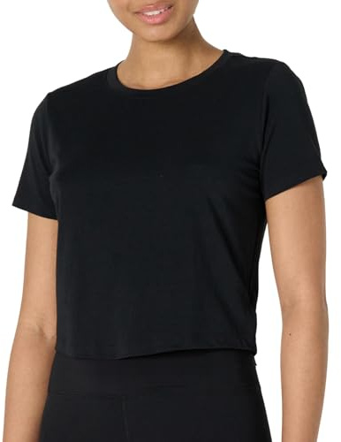 Amazon Essentials Women's Active Soft Cotton Crewneck Short Sleeve Yoga Workout Lightweight Cropped T-Shirt, Black, S
