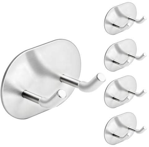 vsshe 5 PCS Double Self Adhesive Hooks, Double Prong Stainless Steel Hook, Door Hooks, Hanging up to 6KG, Stuck on Walls Doors Closets Bathrooms Kitchens, for Hang Towels, Clothes, Kitchen Utensils