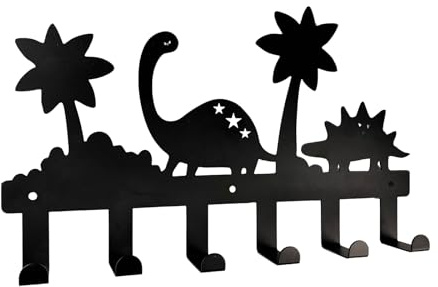 Dino-Kinder-Garderobenhaken - Appendiabiti da parete per bambini, con 6 ganci, portavestiti e portachiavi universale per cameretta dei bambini, in acciaio inossidabile (40 cm, nero) | ingresso e