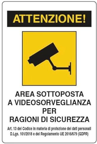 Cartello Videosorveglianza Area Protetta – Segnaletica Privacy – Dati Conservati 24H – Targa PVC Resistente per Interni ed Esterni – Conforme Normativa GDPR