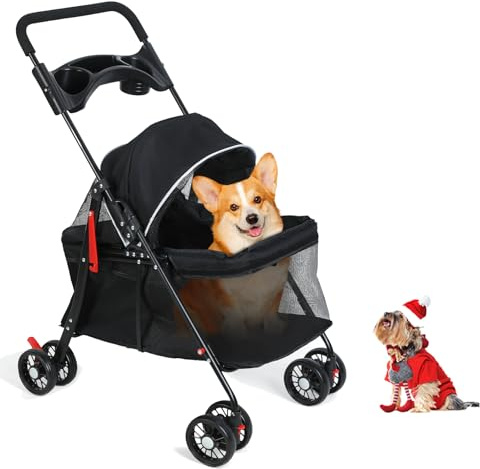loyliawa Pet Stroller Dog Buggy 4 Wheels Cat Stroller, Outdoor Travel Pet Folding Strollers, Dog Cat Cage Strollers with Cup Holder, Breathable and Visible Mesh for Medium Small Dogs 1 Set