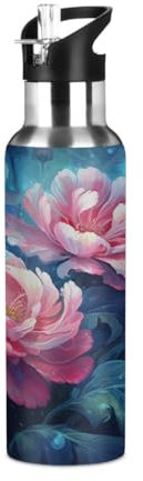 Woltant Bouteille d'eau isotherme en acier inoxydable avec paille étanche pour le travail, les voyages, la salle de sport - 600 ml - Motif fleurs roses et feuilles