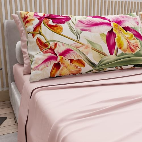 PETTI Artigiani Italiani - Parure de Draps en Coton pour Lit 1 Place et Demi avec Taies d'oreiller et Drap Housse 120x200, Motif Floral 36 Rose Poudré, 100% Fabriqué en Italie
