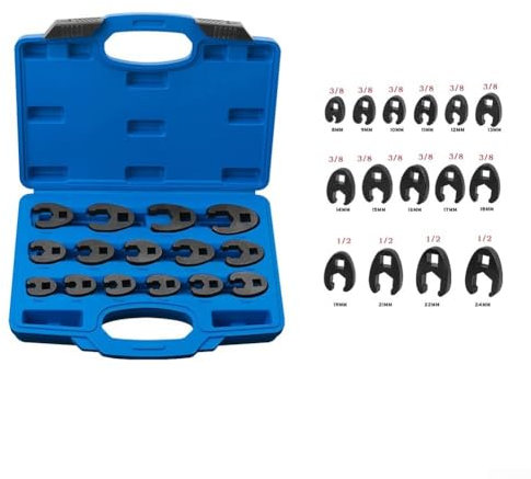 EasyByMall Set di 15 chiavi aperte da 8-24 mm, in acciaio cromato, per riparazioni auto, manutenzione meccanica, idraulica