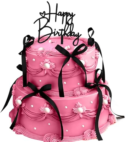 BelleVive 10 Piece Cake Decorations with Bow and 1 'Happy Birthday' Sign, Cupcake Toppers with Pink Bow for Birthday Party Decorations, Cake Decorating Accessories (Black)