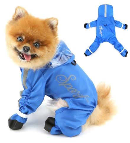 PAIDEFUL Hunde-Regenmantel, 4 Beine, Hunde-Regenjacke für kleine Hunde, wasserdichte Hunde-Regenmäntel mit Knopf, reflektierende Streifen, transparente Kapuze, regenbeständig, Haustier-Overall, D-Ring