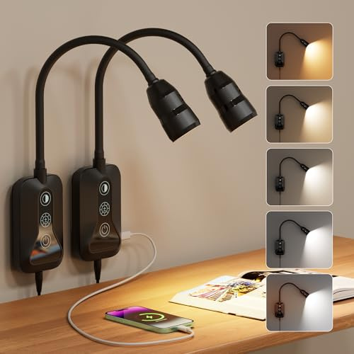 WOKWOYIO Leselampe Bett mit Hand Sweep Sensor-Schalter, LED Leselampe mit USB-AusgangStecker und Touch Schalter, Dimmbare und 5 Farbe Buchlampe, Leselicht Buch mit Flexiblem Schwanenhals -2 Stück