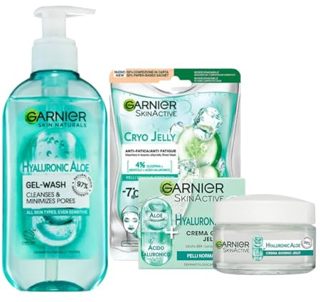Garnier Skin Active Jelly feuchtigkeitsspendende Gesichtscreme mit Hyaluronsäure und Aloe Vera, leichte und erfrischende Textur, für normale oder Mischhaut, 50 ml (Gesichtsset)