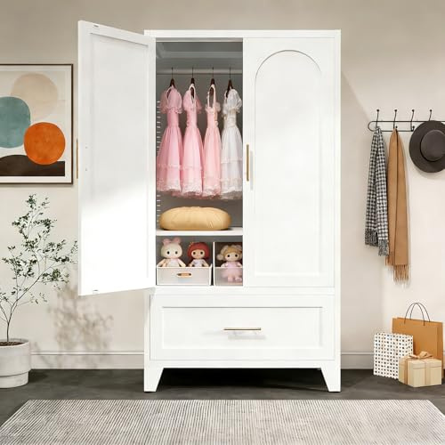 Anewome White Metal Wardrobe Cabinet with Arched Design - 60 Freestanding Closet Armoire with 1 Drawer, Hanging Rod & Adjustable Shelf - Heavy Duty Storage Organizer for Bedroom, Nursery & Dorm