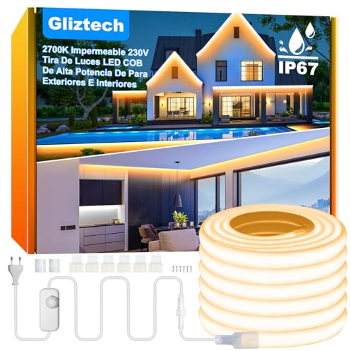 Gliztech IP67 Wasserdicht COB LED Streifen AC 230V Direktstecker, 20M Superhelles LED Lichtband Selbstklebend Außen mit Doppelsicherungs Controller, 3000K LED Strip Warmweiss für Garten Gewerbedekor