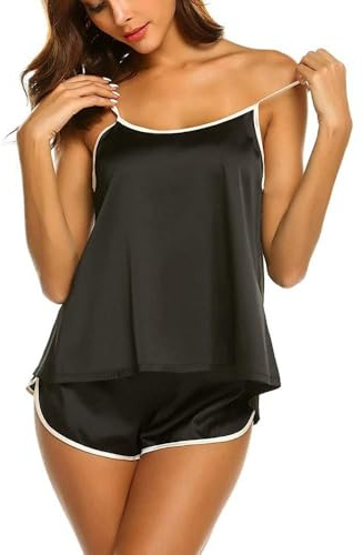 XFSRG Pigiama Completo Donna Corto Estivo Canotta con Pantaloncini Set Raso Sleepwear Nightwear Top e Shorts Pizzo Seta Cami Pigiama Set Estivo(Nero/S)