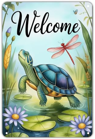 Turtle Dragonfly Welcome Sign tin sign Vintage Turtle and Dragonfly Pond Metal Sign Print Aesthetic for Garden Yard Bar Porch Home Bedroom Kitchen Wall Decor Decor Gift 8 x 12 inch