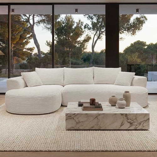 Mendler Sofa-Garnitur HWC-P19, 3-Sitzer Couch Loungesofa, Stoff/Textil Cord (370 g/m²) Liegefläche Links - weiß
