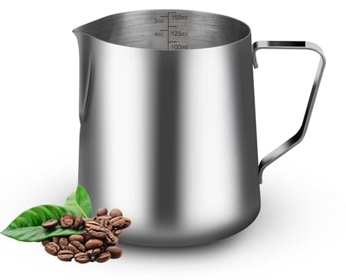 Howe Stainless Steel Milk Frothing Pitcher with Scale, 150ML Handheld Coffee Creamer Milk Frothing Pitcher Jug Cup with Measurement Mark, for Espresso, Cappuccino, Latte Art (5oz)
