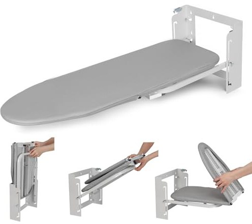 Wall mounted ironing board with Height Adjustment, 91 * 31 cm Folding Iron Board Wall Mount, Space-Saving Ironing Board with Removable Heat Resistant Cover for Small Spaces Home Laundry Room(Grey)