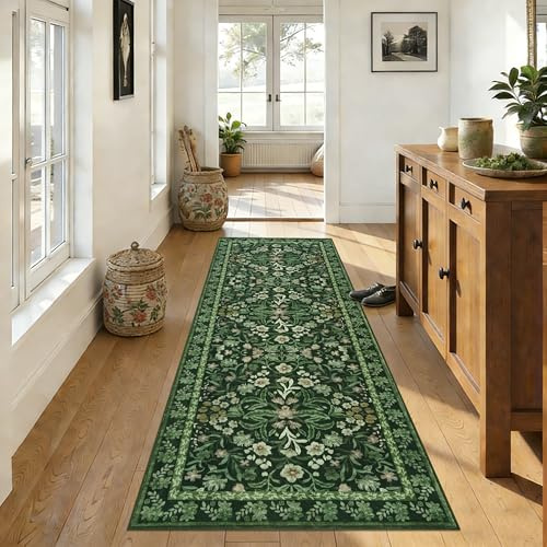 Edlbaegy Teppich Läufer Grün 80X200cm Blumenmuster Läufer Flur Waschbarer Flur Teppich rutschfest Küchenläufer Boho Lang Teppichläufer für Eingang Badezimmer Waschküche