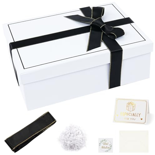 OFFCUP Bröllopsfödelsedagspresent, vikbar presentförpackning, med band, rafia och kort 25 x 18 x 8,5 cm, tom presentförpackning med lock för alla hjärtans dag, halloween, vit