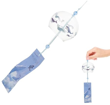 Japanisches Glas Windspiel mit Glockenanhänger, Blau, Hängend | Handgefertigt im Japanischen Vintage Stil, für Haus und Garten, Dekorativ für Fenster und Terrasse