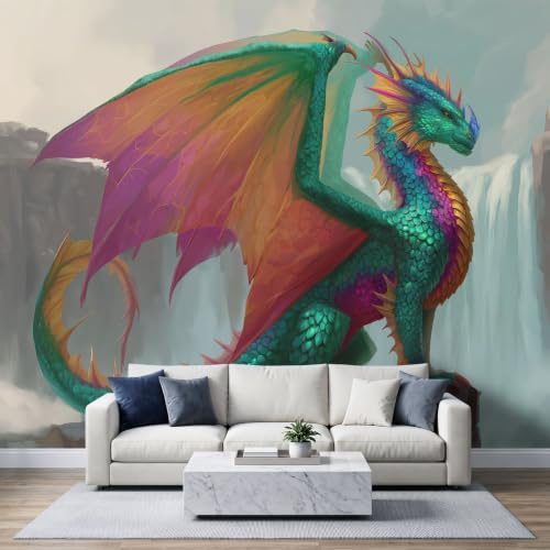 Papier Peint Panoramique Intissé 200x140cm Fantasy Épique, Dragon Géant Paroi Rocheuse Cascade Chambre Gaming Adolescents Papier Peint Photo, Pour Salon Chambre Chambre D'Enfant Décoration Murale