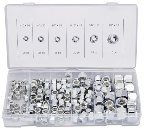 NEIKO 50432A Hex Nut Assortment Set | 150 Pc Nylon Locking Nuts | A3 Steel Hex Assorted Hardware Kit #10 & SAE | Metal Screw Nut for Bolts | Friction Lock Nut