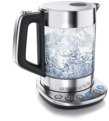 Arendo - Glas Wasserkocher mit Temperatureinstellung - Warmhaltefunktion 30min - 1,5 Liter Füllmenge - robustes Borosilikatglas - Basisstation aus Edelstahl - Modernes Design - Zertifiziert BPA Frei