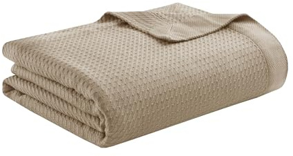 Madison Park Soft Certified 100% Egyptian Cotton Breathable Cozy Blanket, Premium Waffle Knit Classic Design, Luxury All Season Lightweight Cover for Bed, Couch and Sofa, Khaki Twin(66x90)
