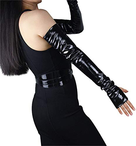 DooWay Opera Long Leather Fingless Gloves for Women Costume Party PU Arm Warmer 24 inches Shiny Black