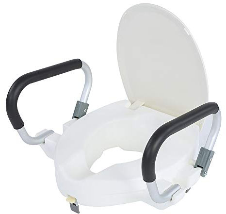 Raised Toilet Seat, 10CM Toilet Stand with Armrests Toilet Lift with Lid and 2 Folding Armrests Assistance Seat for Elderly or Disabled, Capacity 150 kg, White 15.7x17.1x3.9in